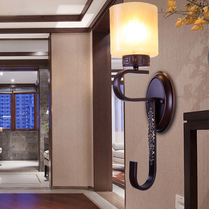 Amber Glass Column Sconce Light Retro 1 Head Living Room Wall Lighting Fixture in Black