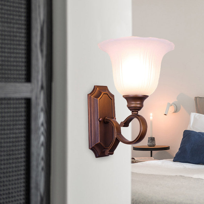 1/2-Light Ivory Glass Sconce Lamp Retro Coffee Blossom Living Room Wall Mounted Light Fixture