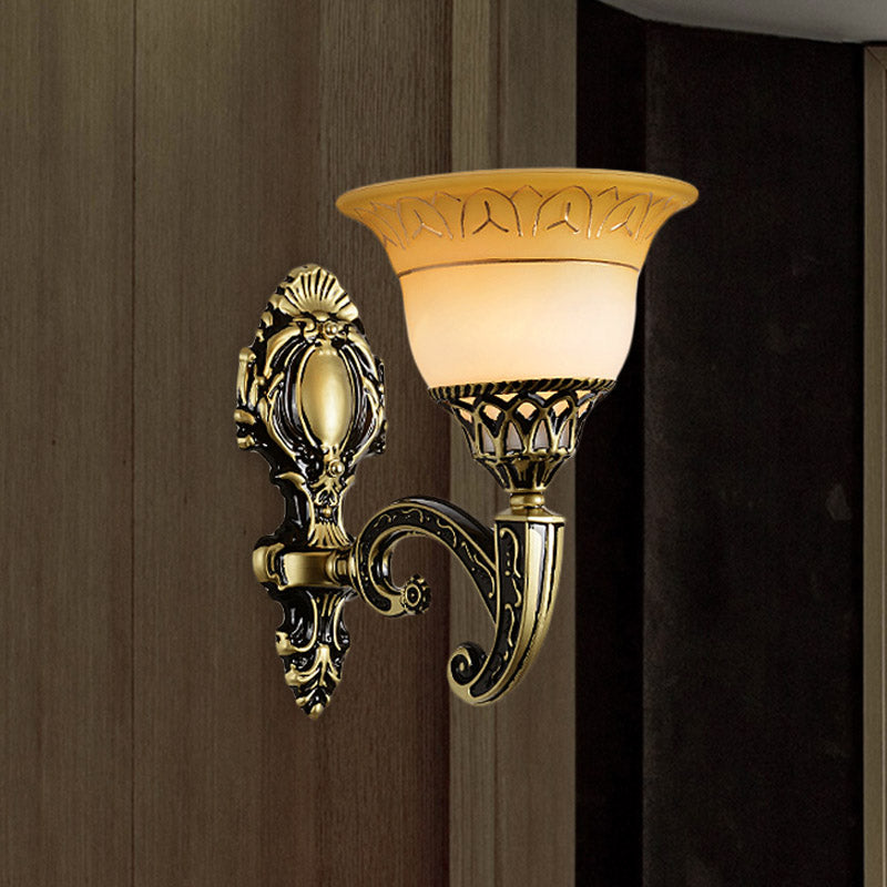 Brass 1/2-Head Sconce Light Fixture Classic Frosted Glass Flared Wall Mounted Lamp for Bedroom