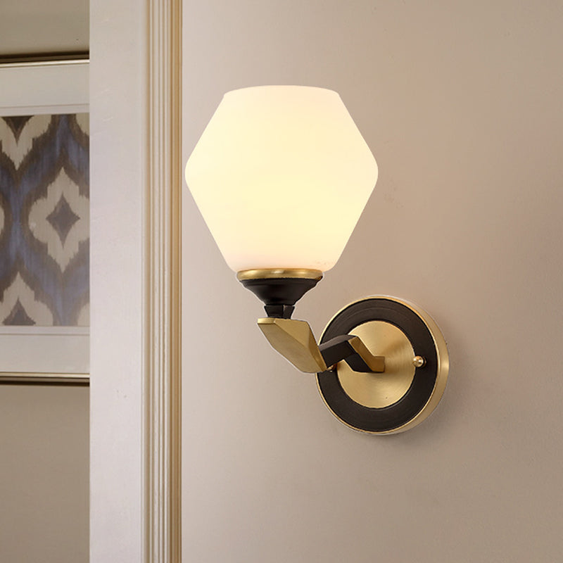 1/2-Bulb Hexagon Wall Light Sconce Classic Black and Gold Frosted Glass Wall Lighting Fixture