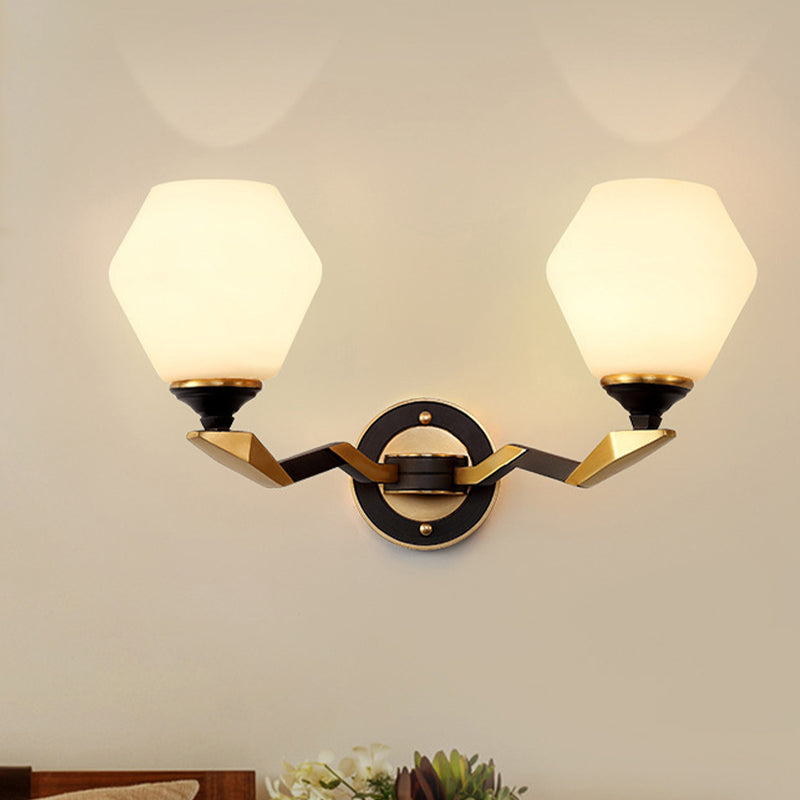 1/2-Bulb Hexagon Wall Light Sconce Classic Black and Gold Frosted Glass Wall Lighting Fixture