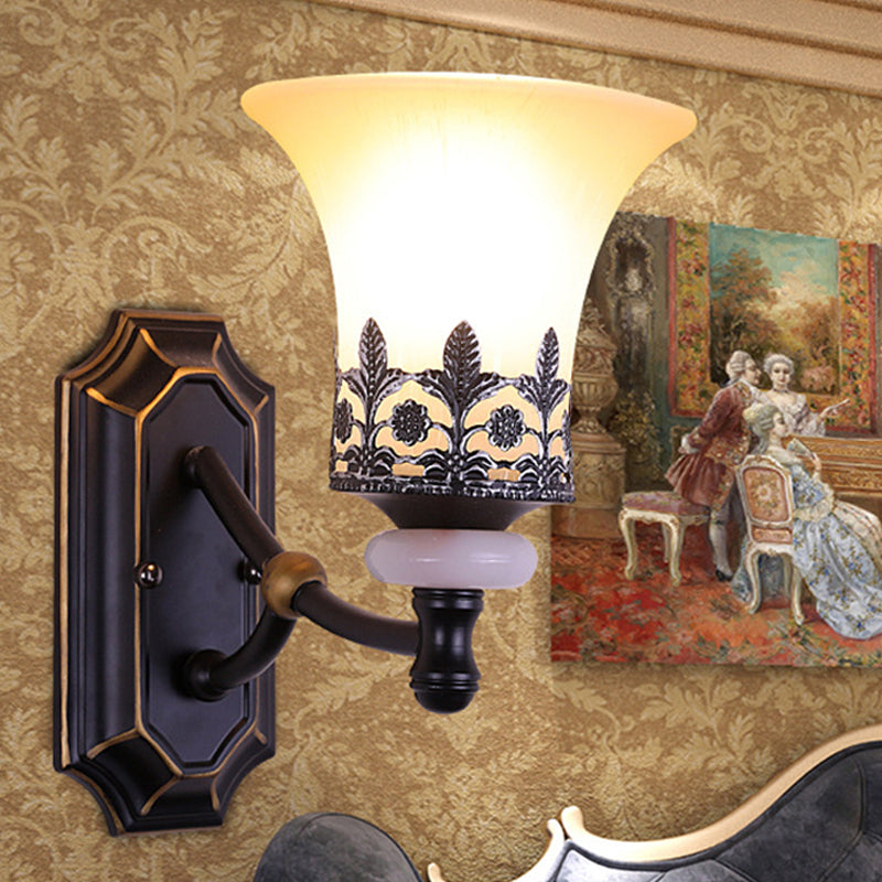 Frosted Glass Flared Up Wall Lamp Classic 1 Light Living Room Wall Sconce Light in Black with Leaf Deco