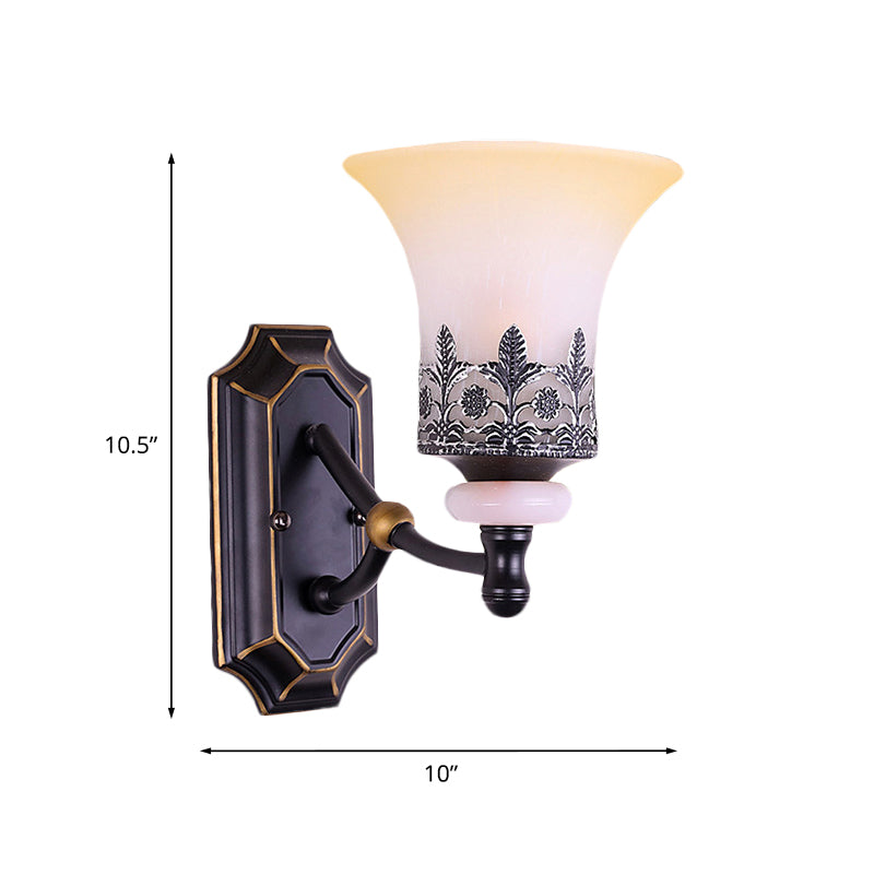 Frosted Glass Flared Up Wall Lamp Classic 1 Light Living Room Wall Sconce Light in Black with Leaf Deco