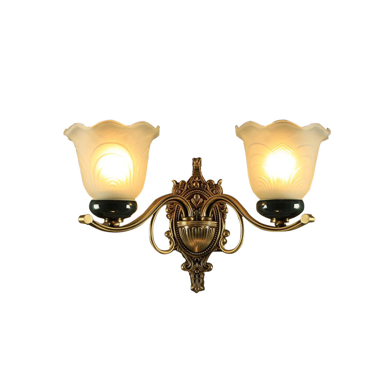 2 Lights Floral Wall Lamp Traditional Brass Frosted Glass Wall Sconce Light with Carved Backplate