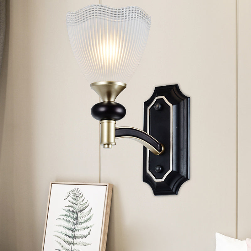 Traditionalism Flower Wall Light 1/2-Bulb Prismatic White Glass Wall Sconce Lamp in Black