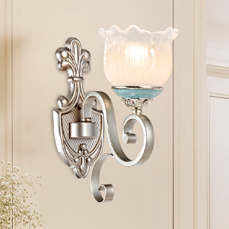 Silver 1/2-Head Wall Lighting Traditional Cream Glass Blossom Wall Sconce Light with Scrolled Arm