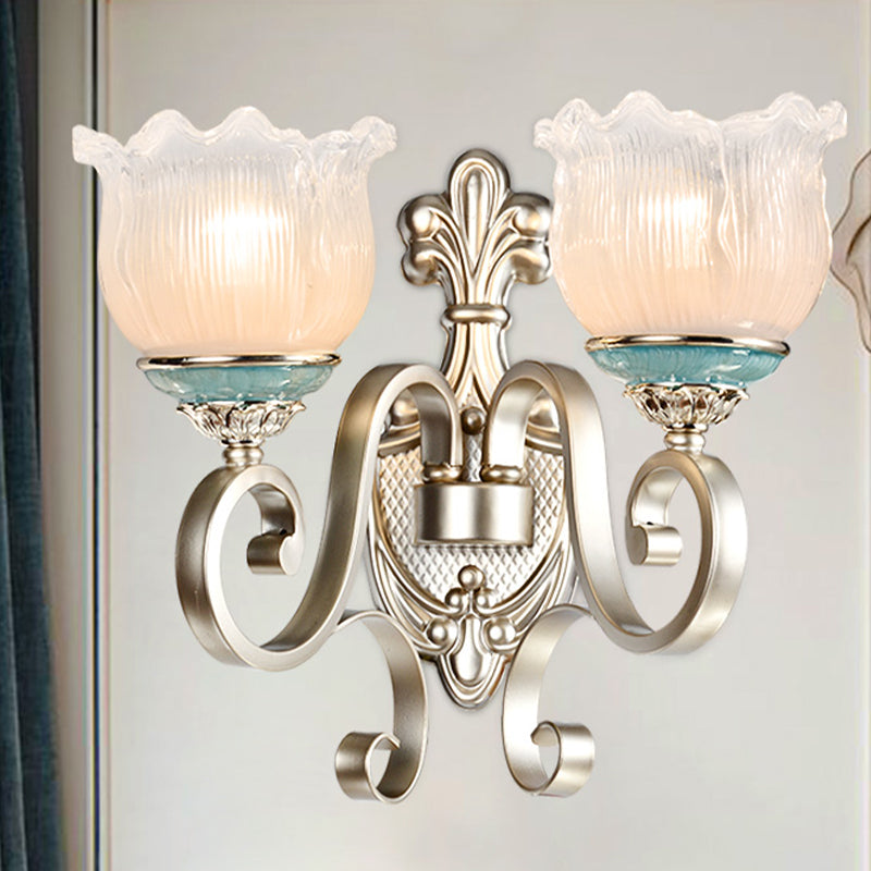 Silver 1/2-Head Wall Lighting Traditional Cream Glass Blossom Wall Sconce Light with Scrolled Arm