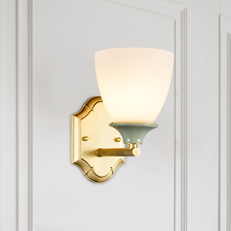 Cream Glass Gold Wall Lamp Bud 1 Bulb Traditionalist Wall Light Fixture with Straight Arm