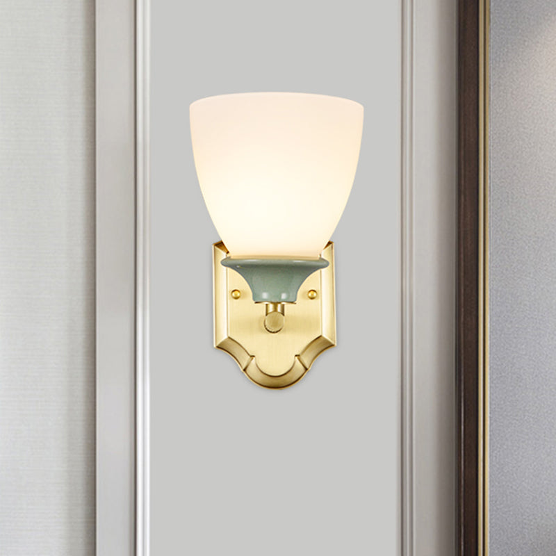 Cream Glass Gold Wall Lamp Bud 1 Bulb Traditionalist Wall Light Fixture with Straight Arm