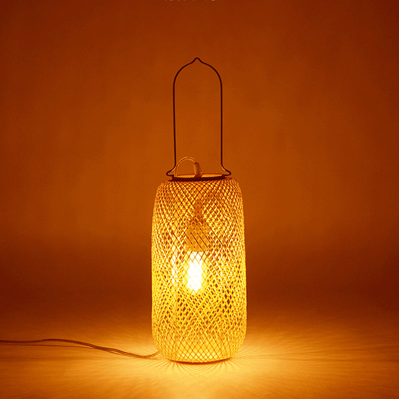 Asia-Style 1-Head Night Table Light Flaxen Cylinder Cage Nightstand Lamp with Bamboo Rattan Shade