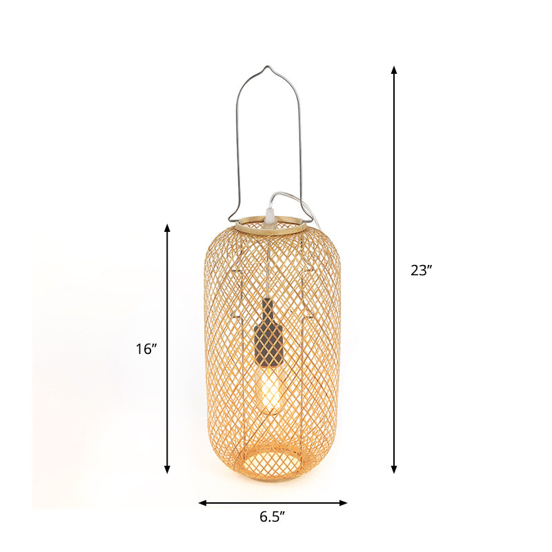 Asia-Style 1-Head Night Table Light Flaxen Cylinder Cage Nightstand Lamp with Bamboo Rattan Shade