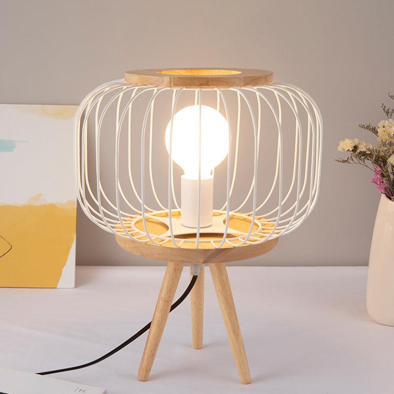 Tavolo da ferro a gabbia leggero modernista 1 testa lampada da scrivania bianca/nera con base di treppiede in legno