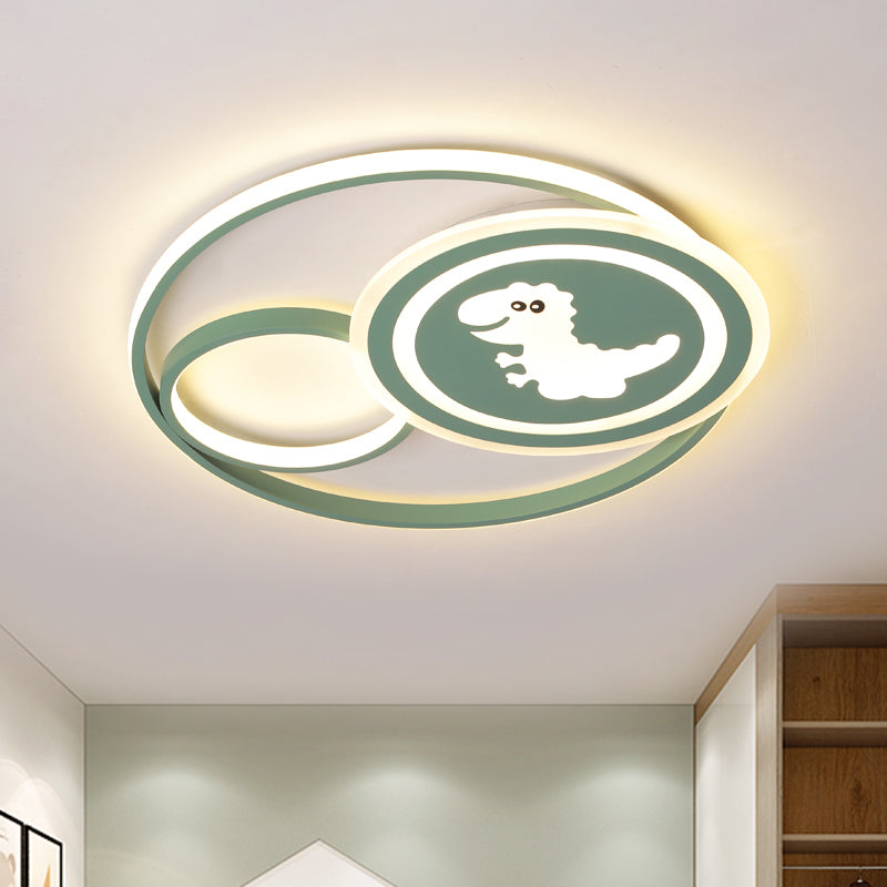 Acrylic Circle Ceiling Mounted Fixture Cartoon LED Flushmount in Pink/Green with Dinosaur/Unicorn Pattern, White/Warm Light