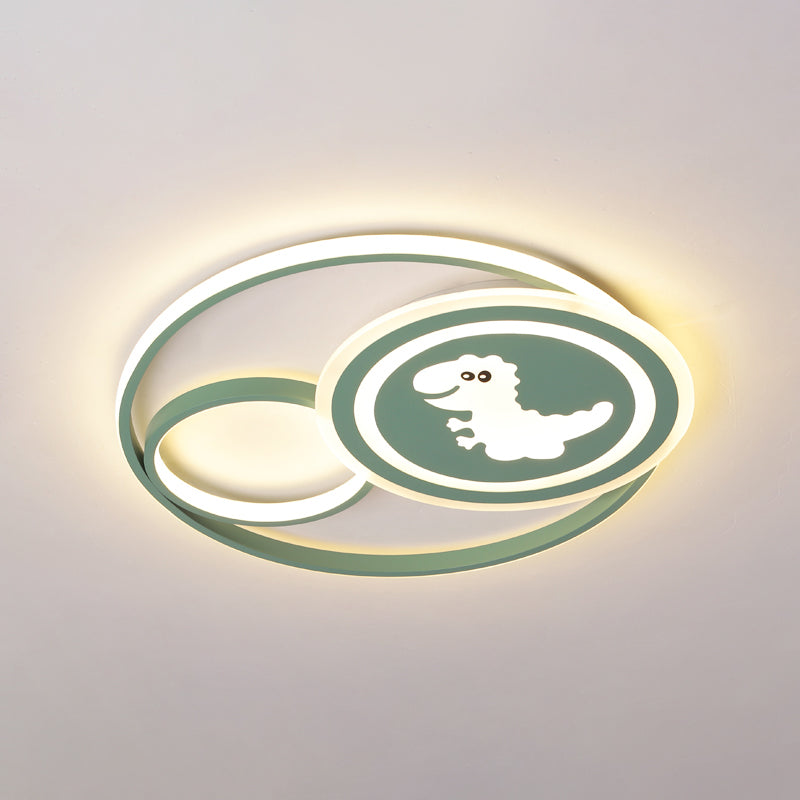 Acrylic Circle Ceiling Mounted Fixture Cartoon LED Flushmount in Pink/Green with Dinosaur/Unicorn Pattern, White/Warm Light