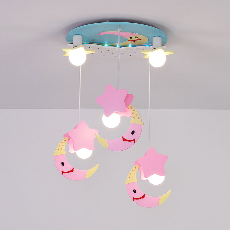 Moon and Star Wood Semi Flush Mount Cartoon 5 Lights Blue/Pink Finish Flush Ceiling Lighting