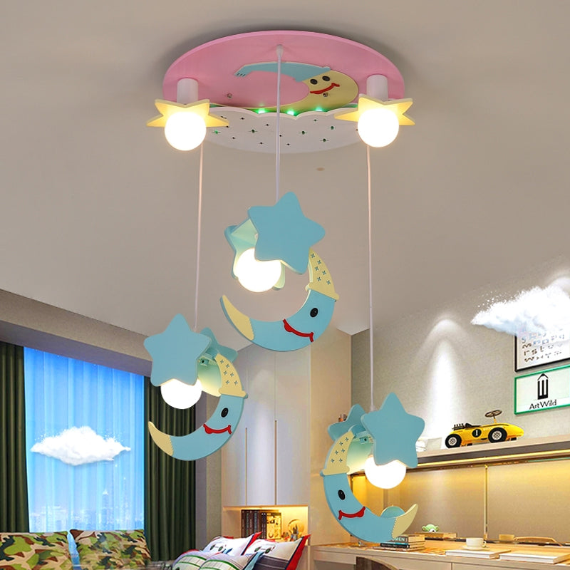 Moon and Star Wood Semi Flush Mount Cartoon 5 Lights Blue/Pink Finish Flush Ceiling Lighting