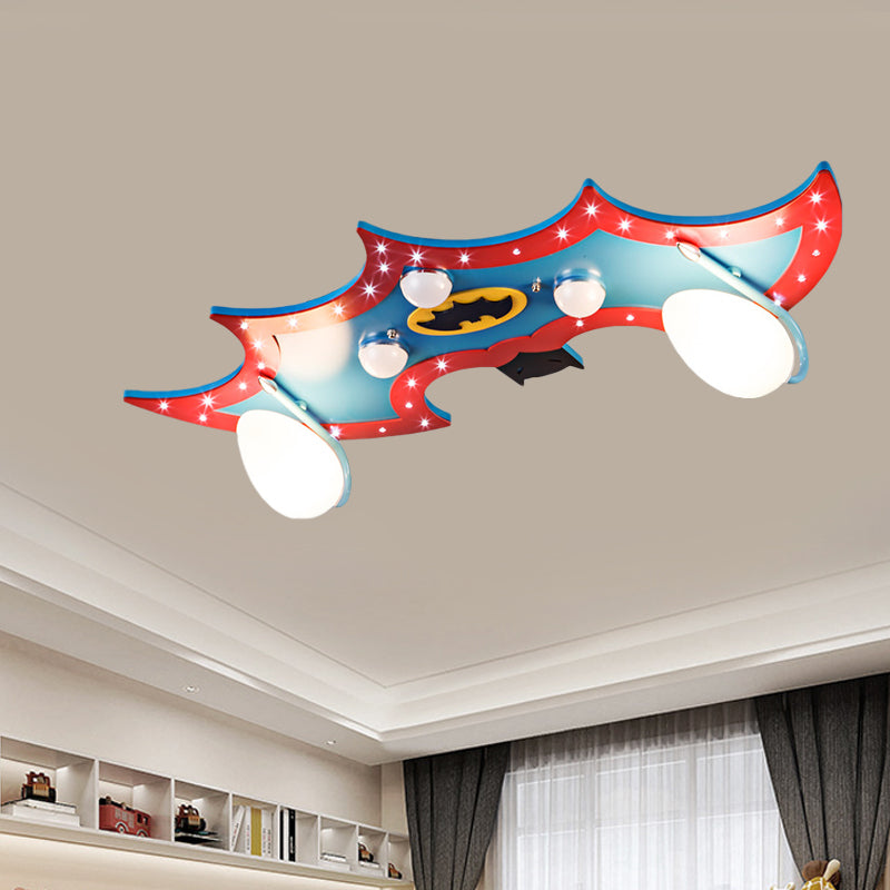 Bat-Like Kindergarten Flush Light Fixture Wood 2 Lights Cartoon Flush Mounted Ceiling Lamp in Blue and Red