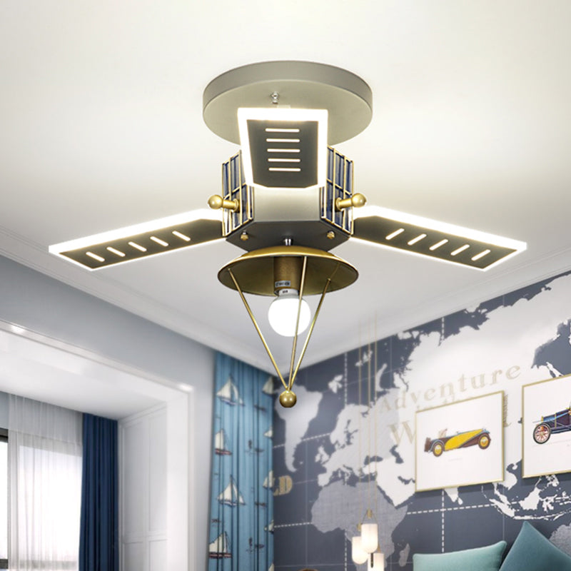 Metal Satellite Shape Semi Flush Lamp Cartoon 1 Bulb Grey and Gold LED Flush Ceiling Light