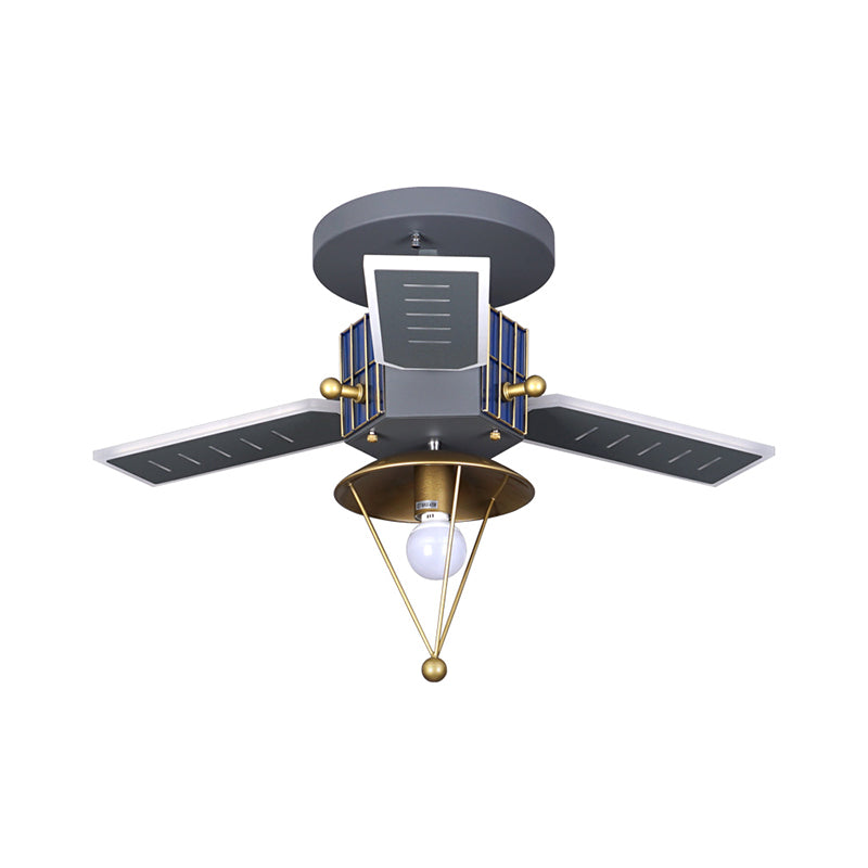 Metal Satellite Shape Semi Flush Lamp Cartoon 1 Bulb Grey and Gold LED Flush Ceiling Light