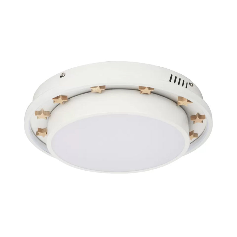 White Finish Round Flush Mount Lamp Modern LED Metallic Flush Light Fixture with Wooden Star Deco
