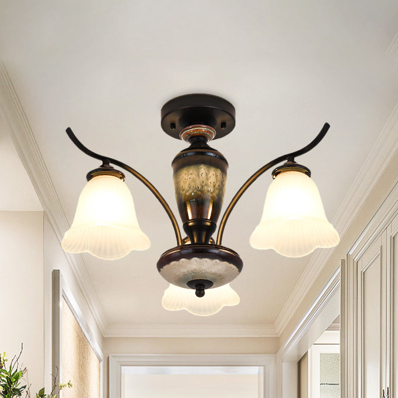 Lampe de plafond en verre blanc floral Vintage 3/6/8 LIGNES RONIAGE DU MONTRE SEMI FUX EN NOIR