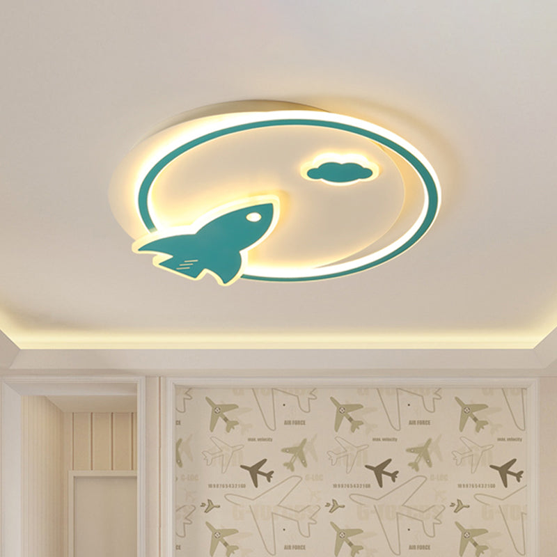 Plafonnier LED fin en acrylique pour enfants, vaisseau spatial, près du plafond, en bleu