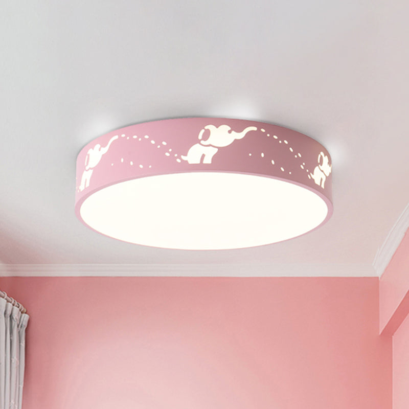 LED Bedroom Flush Mount Ceiling Fixture Kids Pink/White/Blue Flush Light with Cutouts Moon-Star/Cube/Elephant Iron Shade