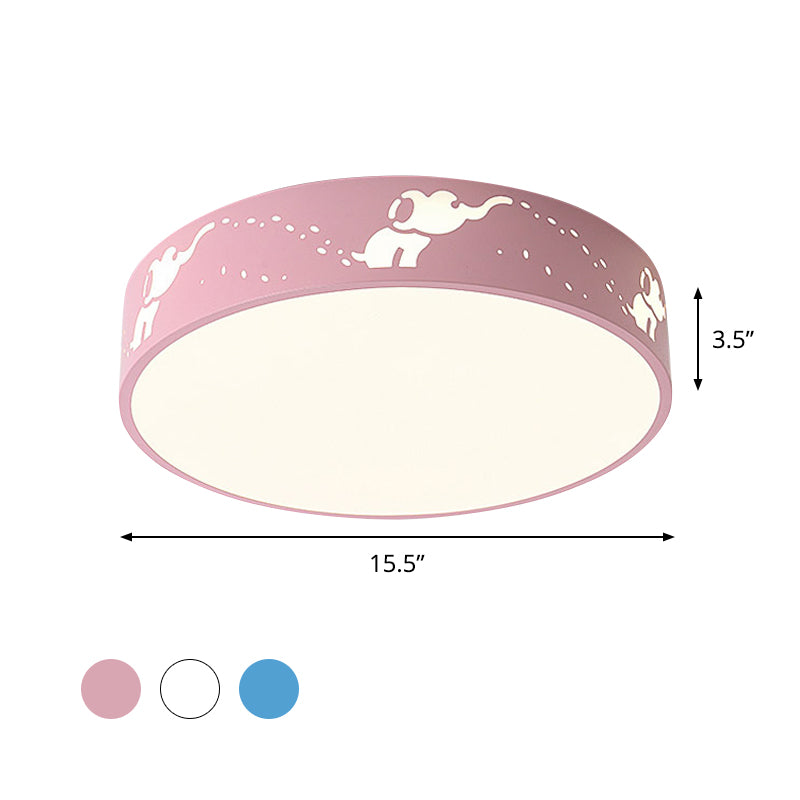 LED Bedroom Flush Mount Ceiling Fixture Kids Pink/White/Blue Flush Light with Cutouts Moon-Star/Cube/Elephant Iron Shade