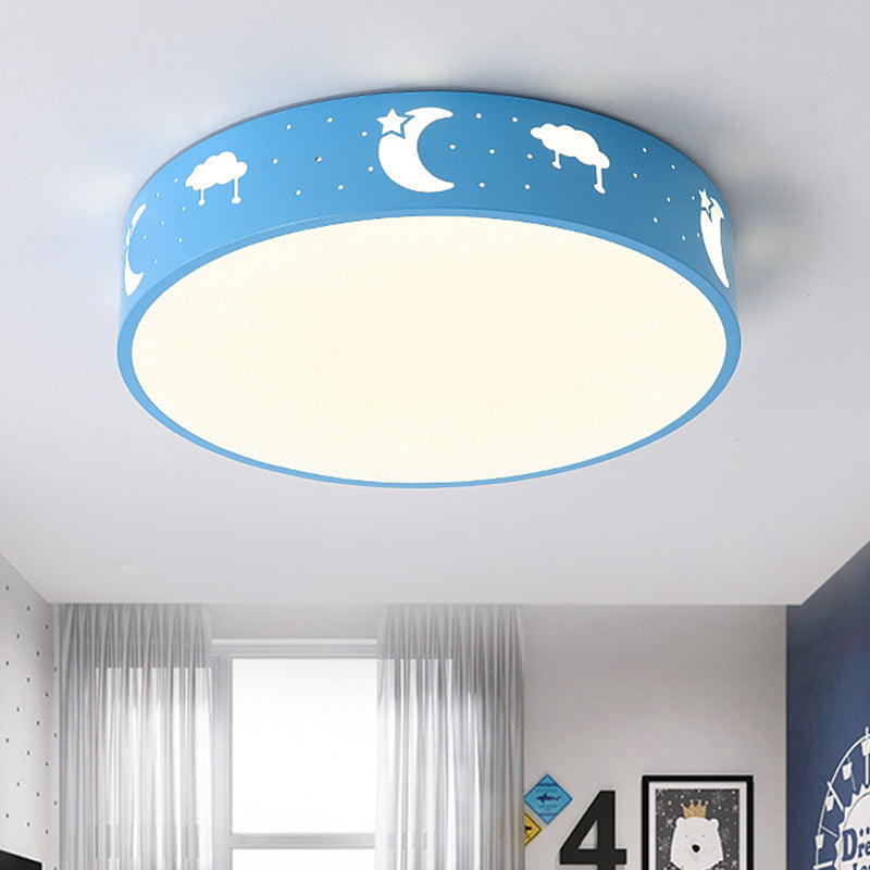 LED Bedroom Flush Mount Ceiling Fixture Kids Pink/White/Blue Flush Light with Cutouts Moon-Star/Cube/Elephant Iron Shade