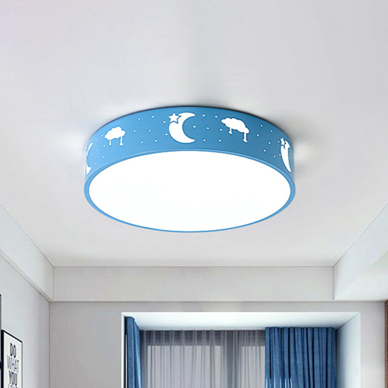 LED Bedroom Flush Mount Ceiling Fixture Kids Pink/White/Blue Flush Light with Cutouts Moon-Star/Cube/Elephant Iron Shade