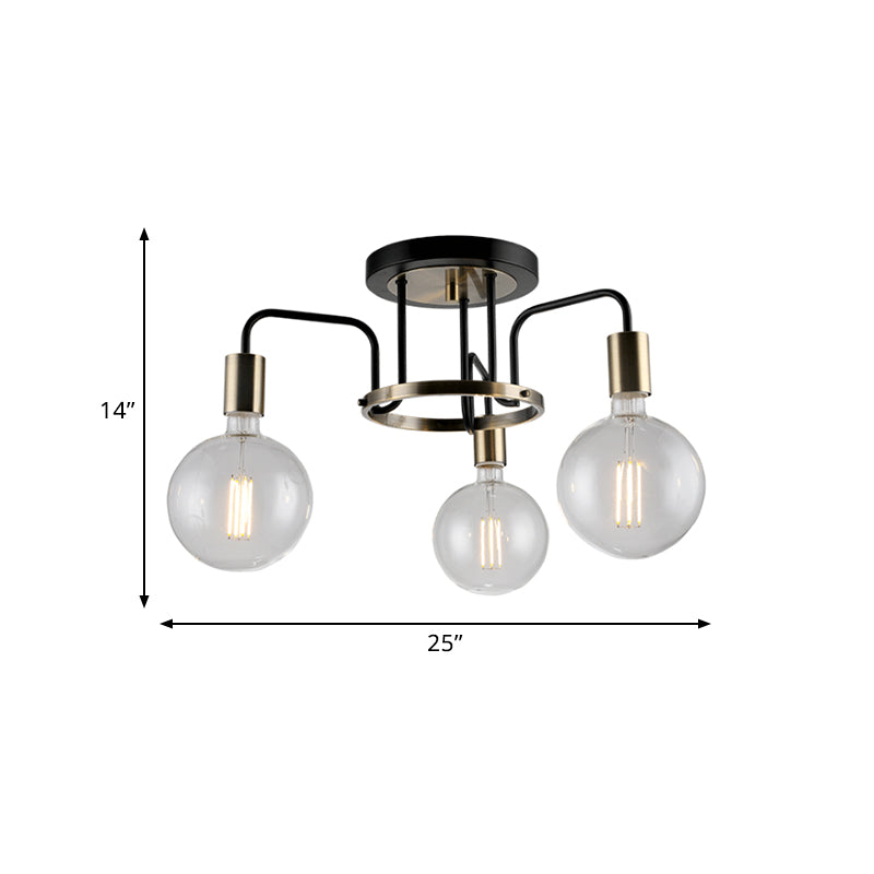Verre transparent noir et or Semi Flush Lighting Vintage Vintage 3/5 Bulb salon Flush Plafond Lampe