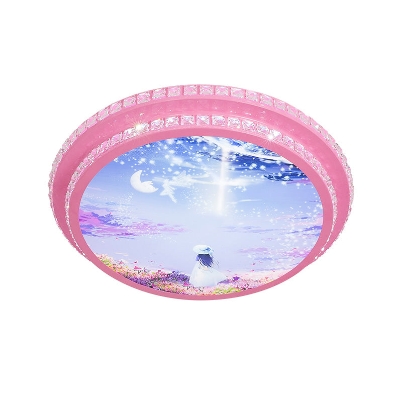 Night Sky Pattern Circular Flushmount Romantic Modern Acrylic Pink LED Ceiling Flush Light with Crystal Trim
