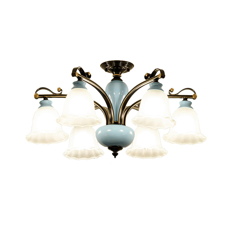 Flower White Glass Semi-Flush Ceiling Light Traditional 6/8 Heads Bedroom Flush Mounted Lamp