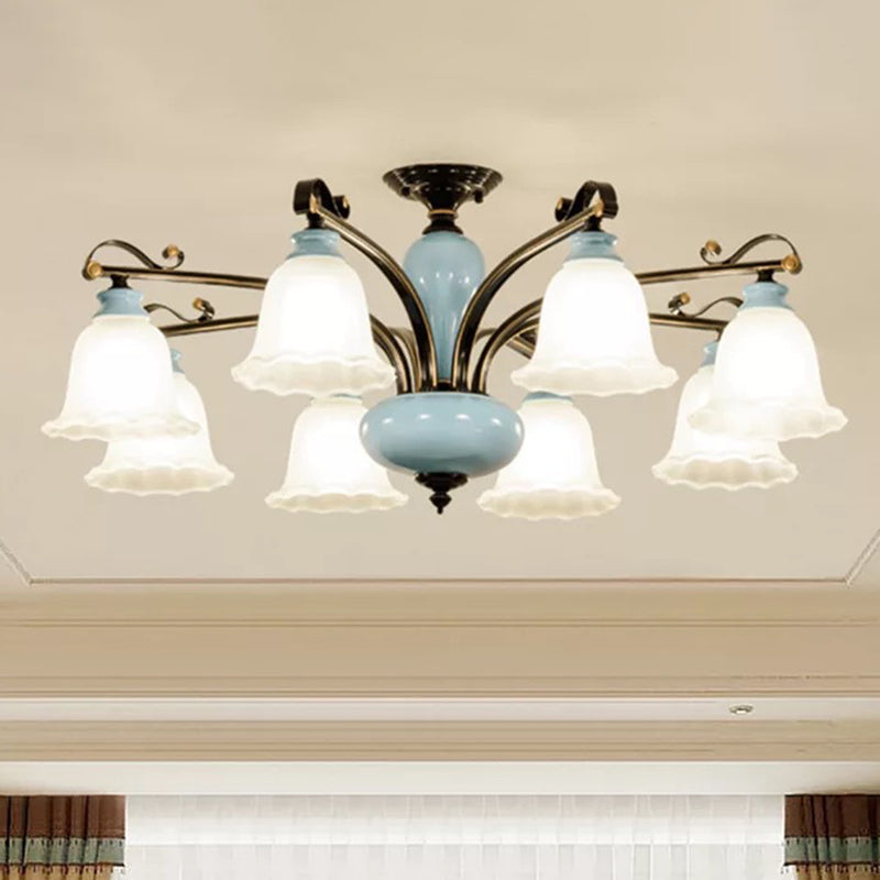 Flower White Glass Semi-Flush Ceiling Light Traditional 6/8 Heads Bedroom Flush Mounted Lamp