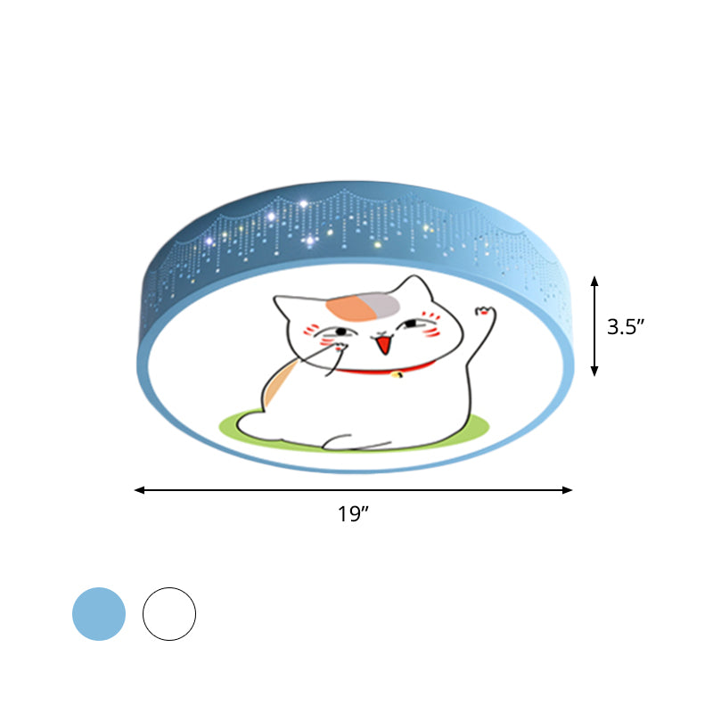 Comic Cat Kids Room Ceiling Flush Mount Iron LED Cartoon Flushmount Lighting in Blue/White