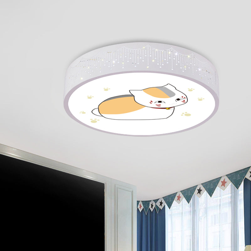 Comic Cat Kids Room Ceiling Flush Mount Iron LED Cartoon Flushmount Lighting in Blue/White