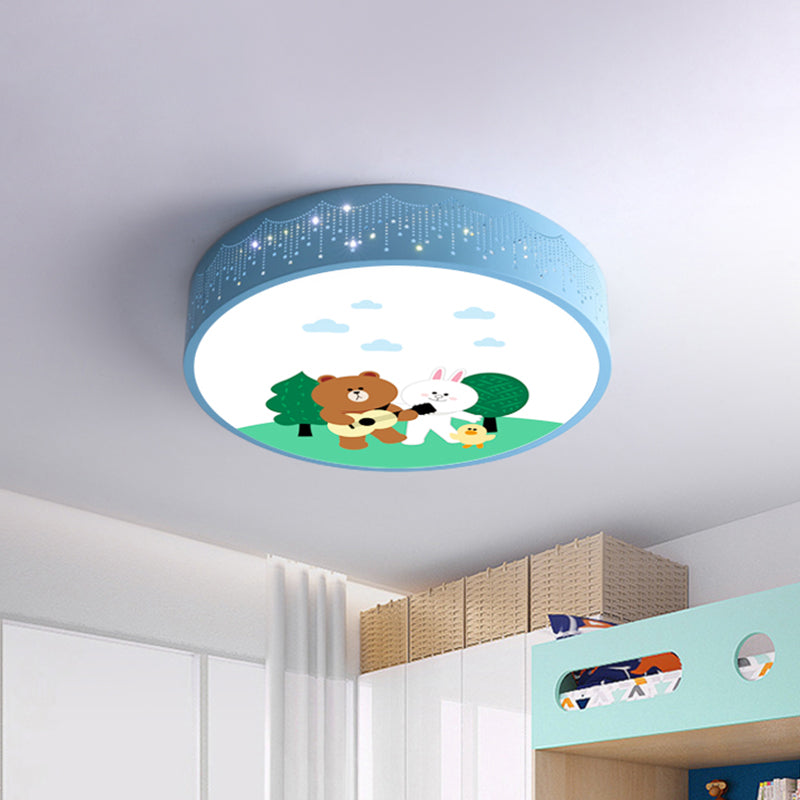 Acrylic Bear and Rabbit Flushmount Lamp Cartoon Blue LED Close to Ceiling Lighting with Carved Side