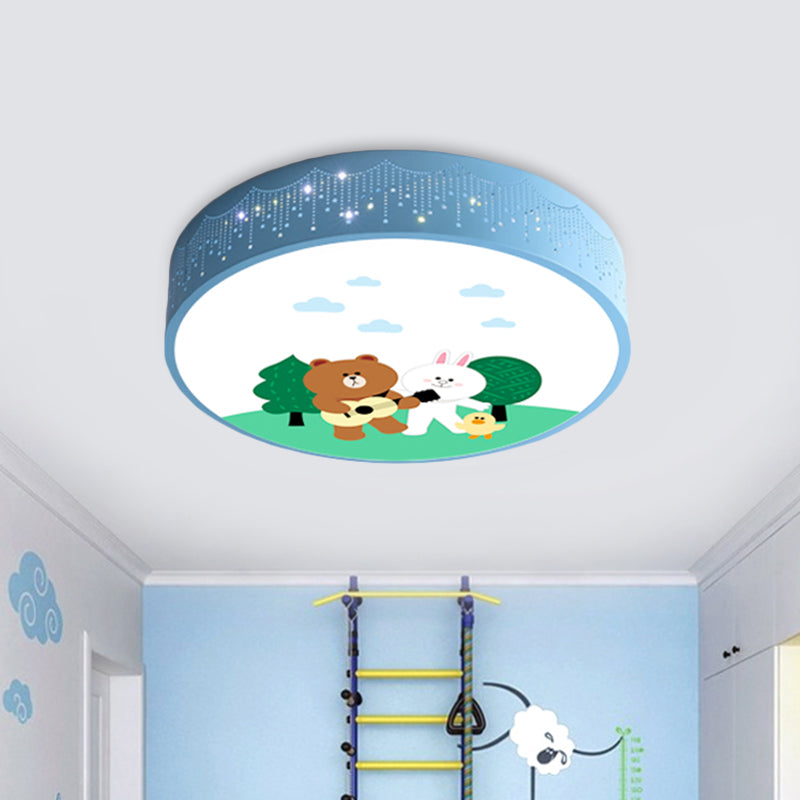 Acrylic Bear and Rabbit Flushmount Lamp Cartoon Blue LED Close to Ceiling Lighting with Carved Side