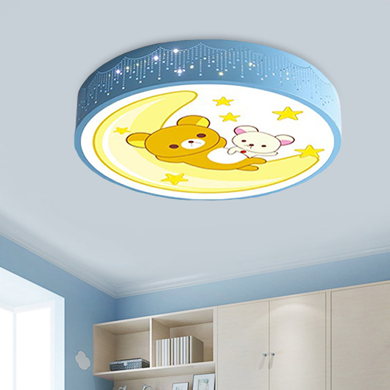 Acrylic Bear and Rabbit Flushmount Lamp Cartoon Blue LED Close to Ceiling Lighting with Carved Side