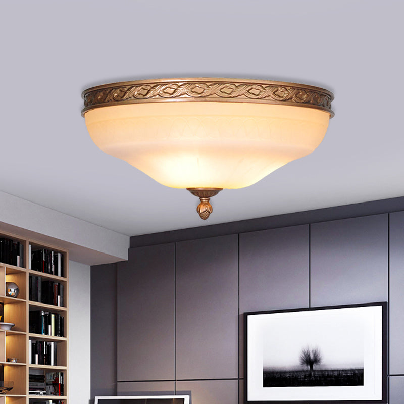 Bronze Bowl Flush Mount Lighting Country Frosted Glass 3/5 Lights Living Room Ceiling Light, 14"/16.5"/20" W