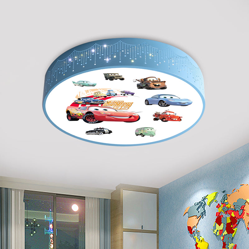 Plafonnier rond à motifs de voiture de dessin animé, éclairage encastré LED en fer pour chambre de garçon en bleu