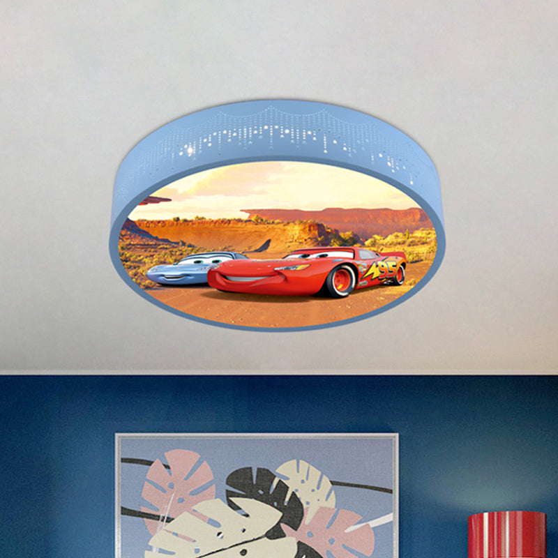 Plafonnier rond à motifs de voiture de dessin animé, éclairage encastré LED en fer pour chambre de garçon en bleu
