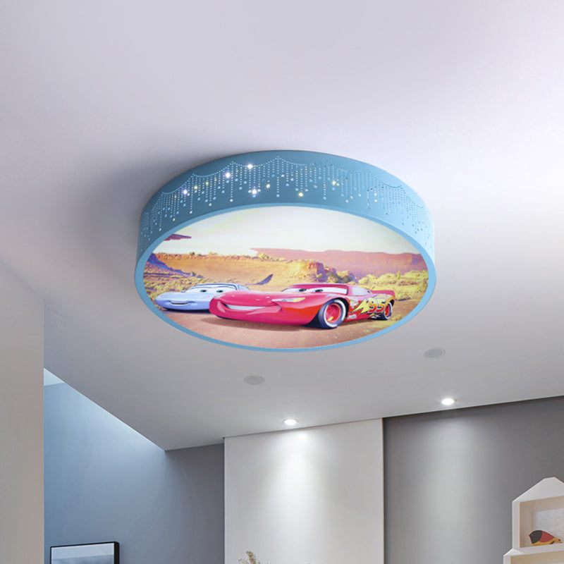 Lámpara de techo redonda con diseño de coche de dibujos animados, iluminación LED empotrada para dormitorio de niño de hierro en azul