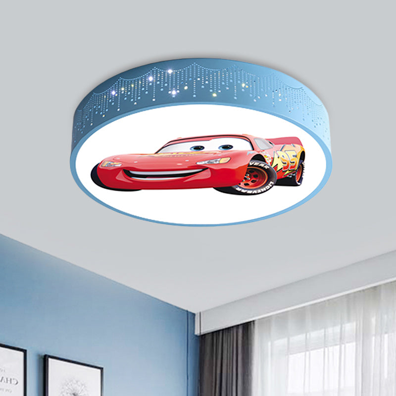 Plafonnier rond à motifs de voiture de dessin animé, éclairage encastré LED en fer pour chambre de garçon en bleu