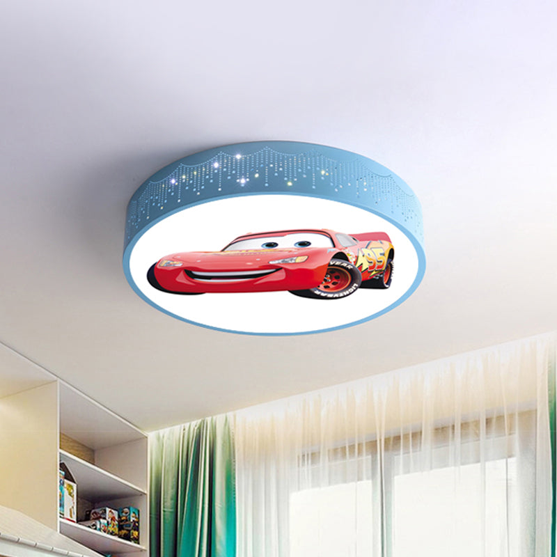 Lámpara de techo redonda con diseño de coche de dibujos animados, iluminación LED empotrada para dormitorio de niño de hierro en azul