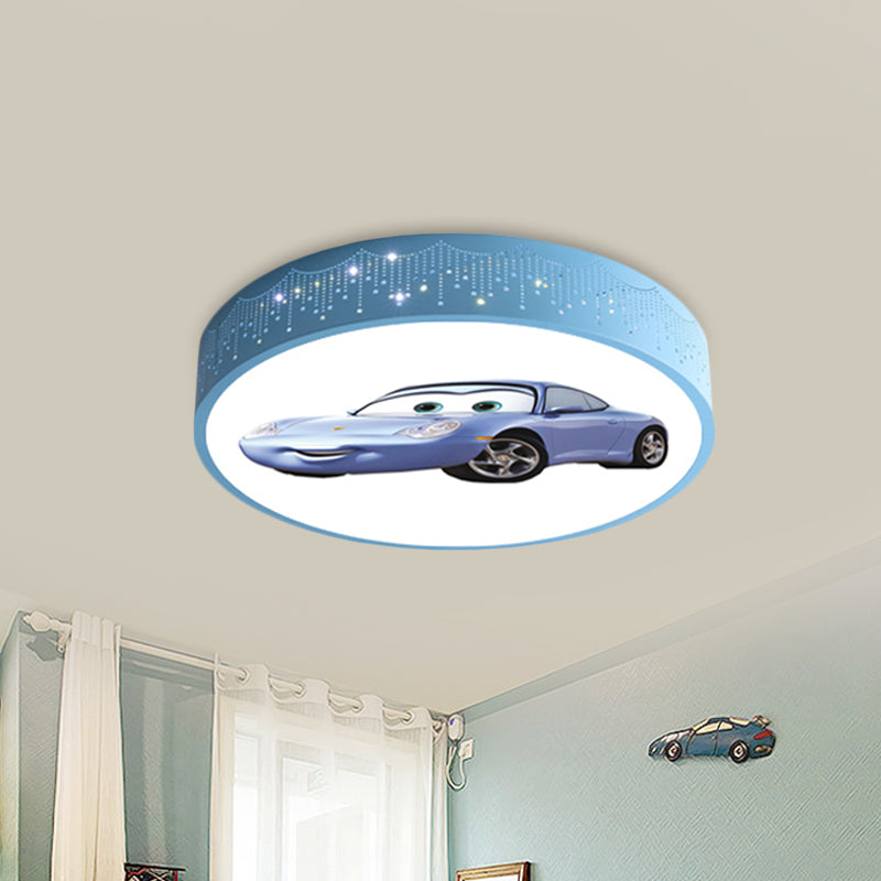 Plafonnier rond à motifs de voiture de dessin animé, éclairage encastré LED en fer pour chambre de garçon en bleu