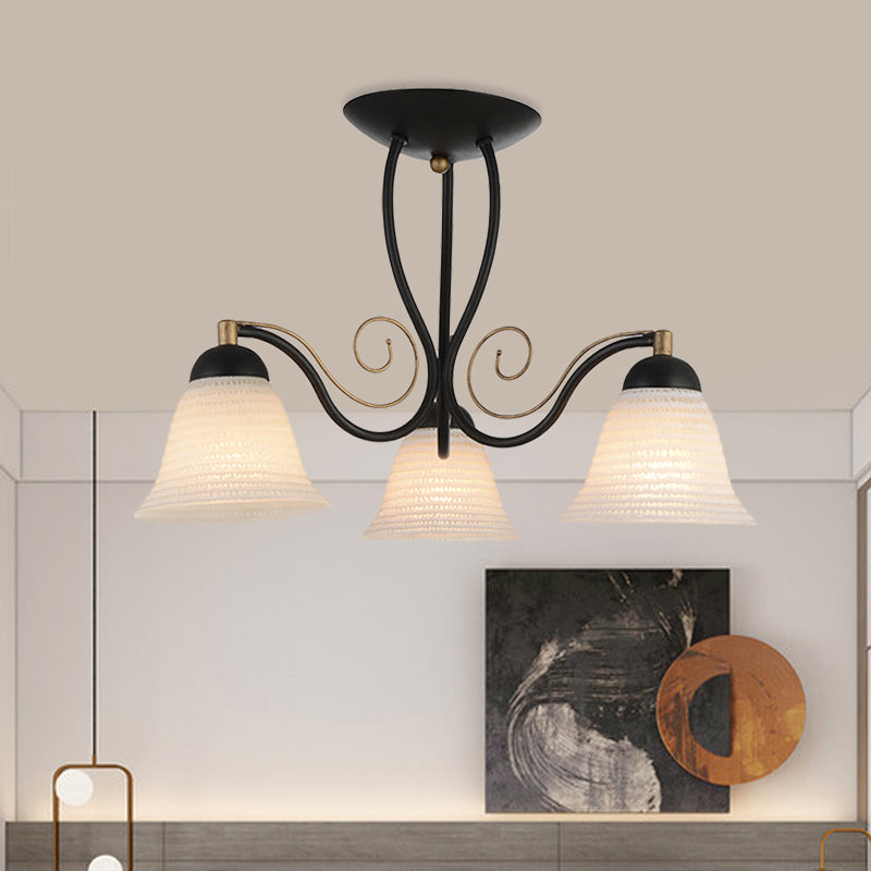 Bell Bedroom Semi Flush Mount Rustic Opal Glass 3 Heads Black Ceiling Light Fixture
