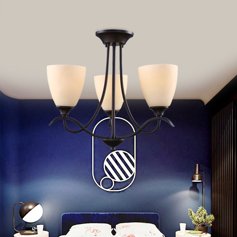 3 Lights Semi Mount Lighting Country Bud White Glass Flush Ceiling Light Fixture for Dining Room