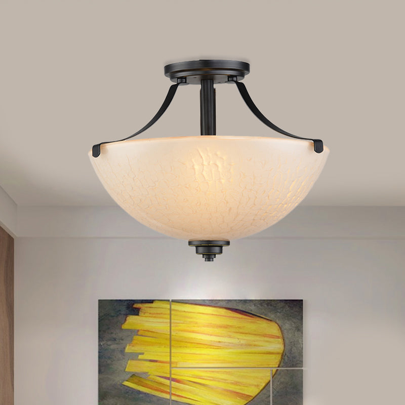 Rural Dome Semi Flush Mount 2-Head Frosted Glass Ceiling Light Fixture in Black for Kitchen