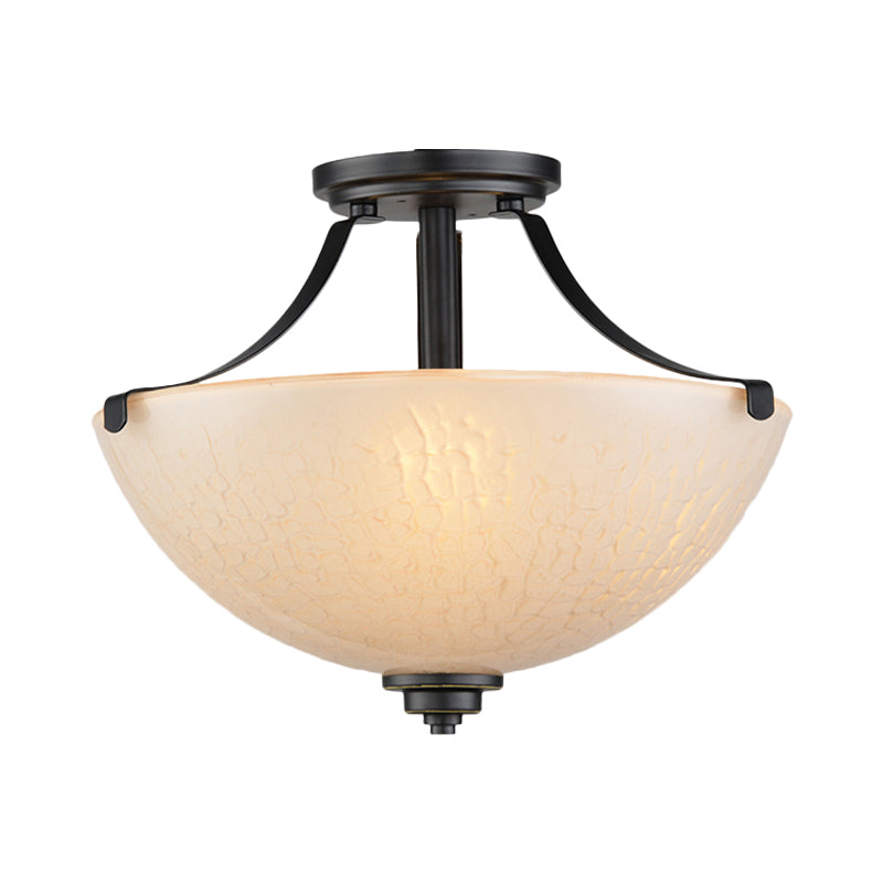 Rural Dome Semi Flush Mount 2-Head Frosted Glass Ceiling Light Fixture in Black for Kitchen